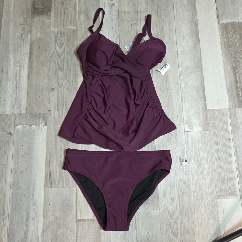 Seekers Essentials Australia Cranberry Purple Ruched Tankini Swimsuit Set 8 NEW
